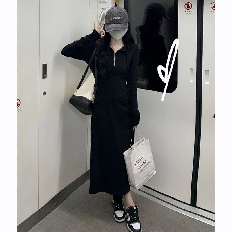 이후 테두리 프랑스식 후드 긴팔 드레스 가을 품격 슬림해 보이는 만나는 롱 스커트 이미지 3