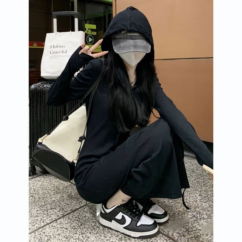이후 테두리 프랑스식 후드 긴팔 드레스 가을 품격 슬림해 보이는 만나는 롱 스커트 이미지 2