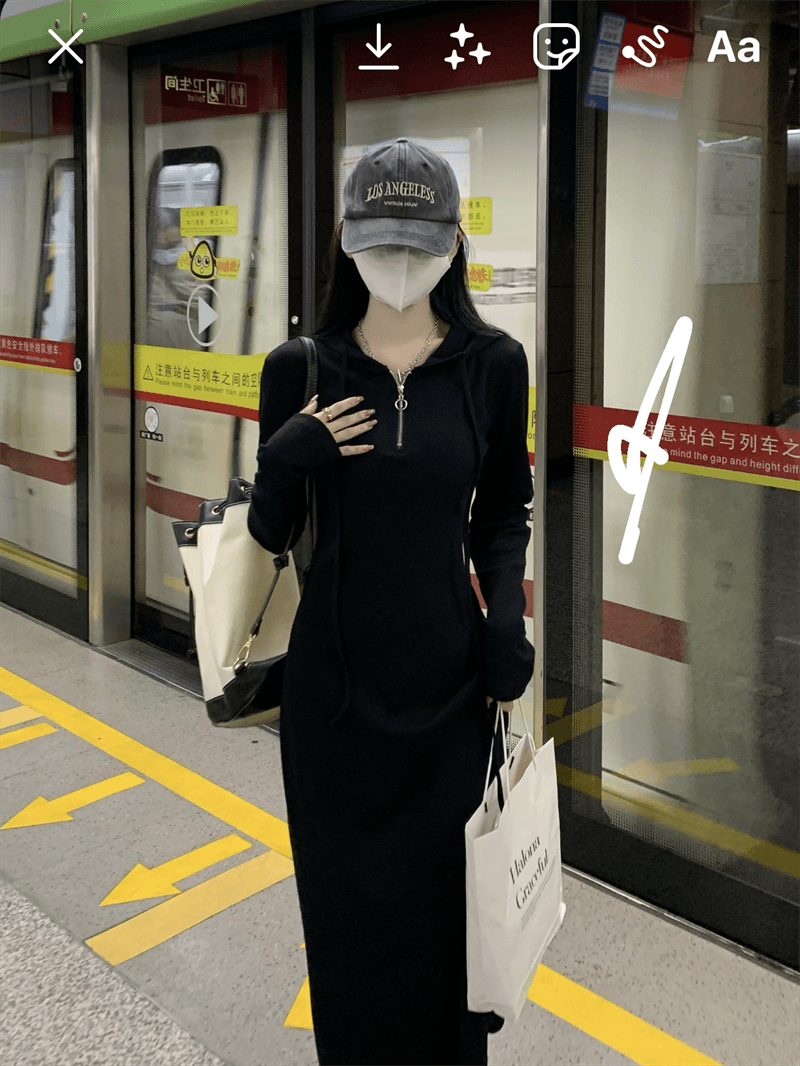 이후 테두리 프랑스식 후드 긴팔 드레스 가을 품격 슬림해 보이는 만나는 롱 스커트 상세 이미지 5