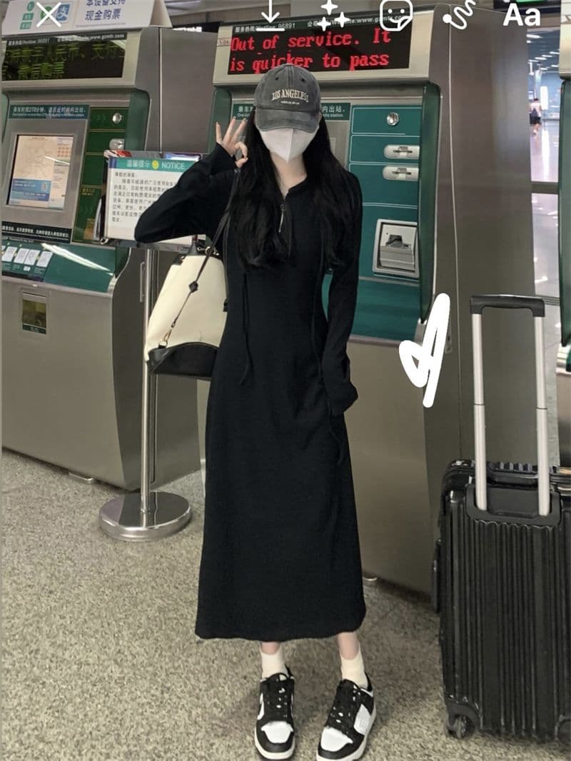 이후 테두리 프랑스식 후드 긴팔 드레스 가을 품격 슬림해 보이는 만나는 롱 스커트 상세 이미지 6