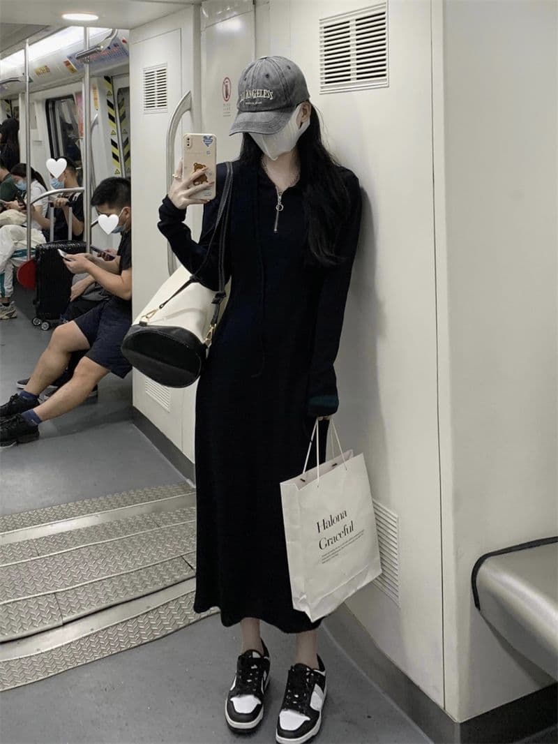 이후 테두리 프랑스식 후드 긴팔 드레스 가을 품격 슬림해 보이는 만나는 롱 스커트 상세 이미지 7