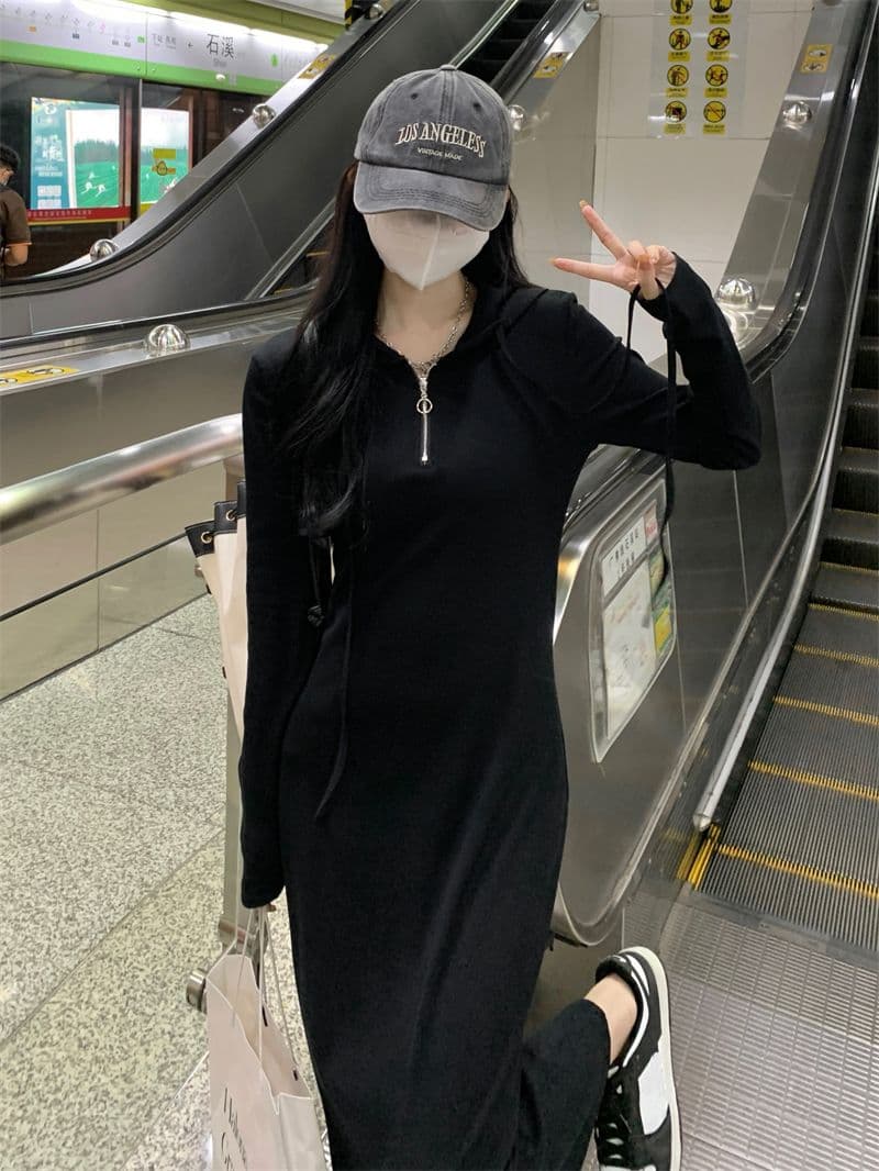 이후 테두리 프랑스식 후드 긴팔 드레스 가을 품격 슬림해 보이는 만나는 롱 스커트 상세 이미지 8