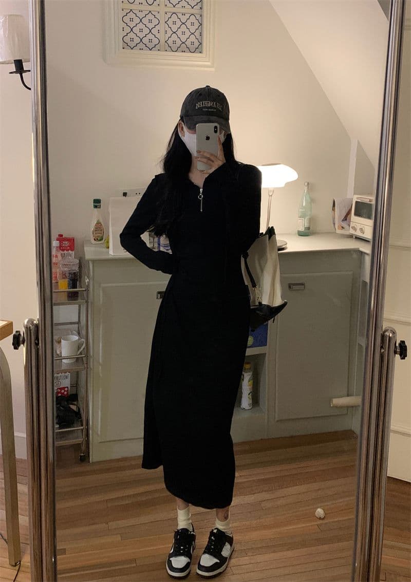 이후 테두리 프랑스식 후드 긴팔 드레스 가을 품격 슬림해 보이는 만나는 롱 스커트 상세 이미지 14