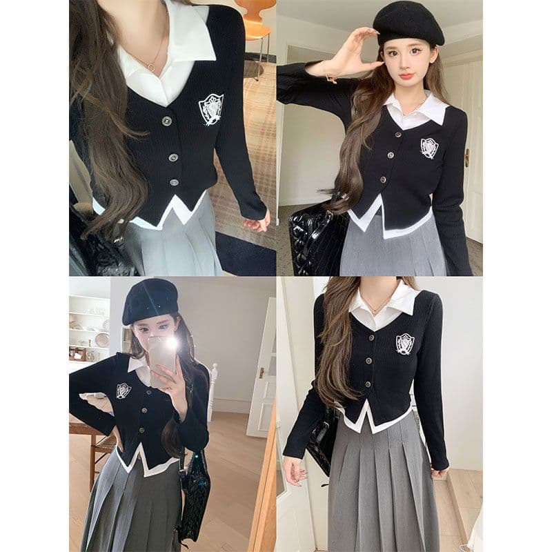 원본 가슴 표준 눈에 띄는 페이크 레이어드 POLO 칼라 여성 셔츠 가을 학원 스타일 세트 이미지 5