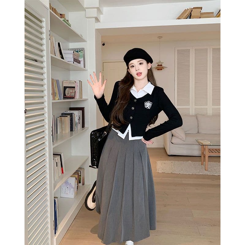 원본 가슴 표준 눈에 띄는 페이크 레이어드 POLO 칼라 여성 셔츠 가을 학원 스타일 세트 이미지 2