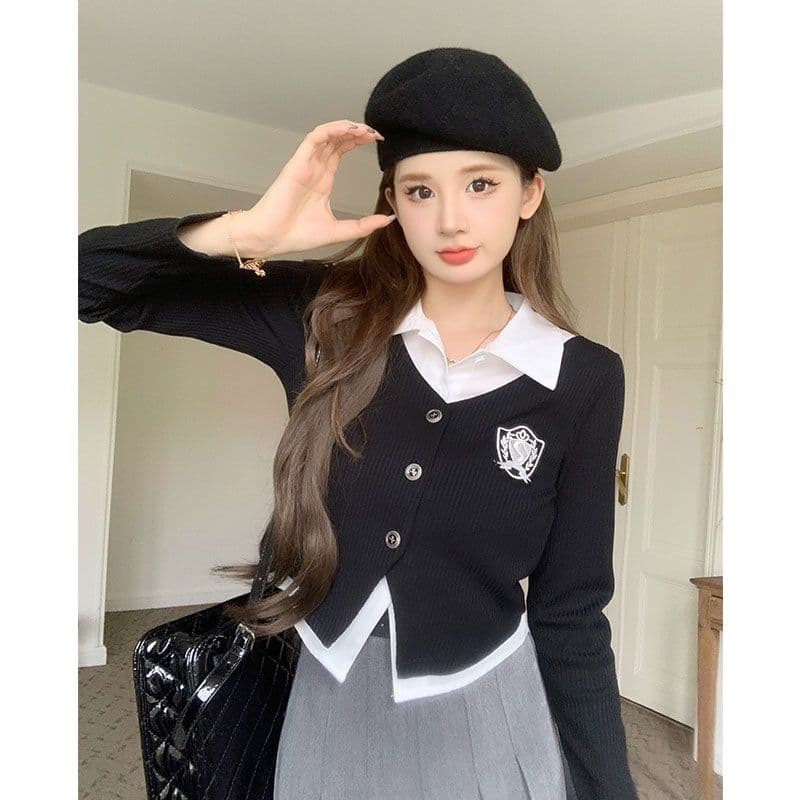 원본 가슴 표준 눈에 띄는 페이크 레이어드 POLO 칼라 여성 셔츠 가을 학원 스타일 세트 상세 이미지 6