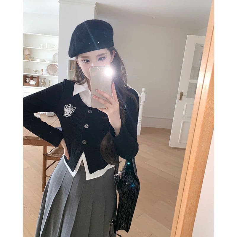 원본 가슴 표준 눈에 띄는 페이크 레이어드 POLO 칼라 여성 셔츠 가을 학원 스타일 세트 상세 이미지 7
