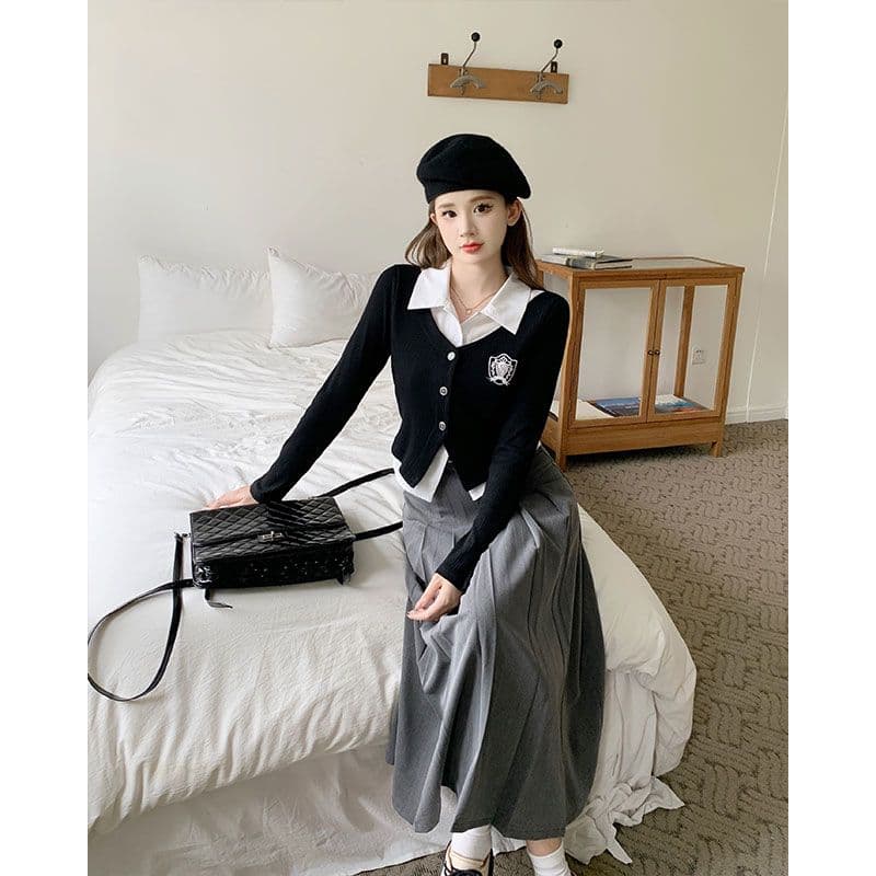 원본 가슴 표준 눈에 띄는 페이크 레이어드 POLO 칼라 여성 셔츠 가을 학원 스타일 세트 상세 이미지 9