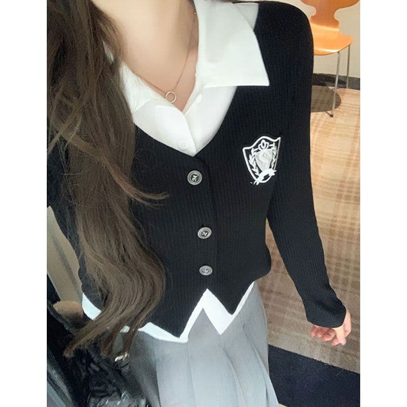 원본 가슴 표준 눈에 띄는 페이크 레이어드 POLO 칼라 여성 셔츠 가을 학원 스타일 세트 상세 이미지 13