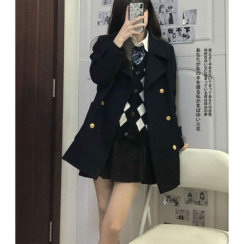 있음 뜨거운 대 버튼 360 그램 일본식 학원 스타일 모직 외투 jk 유니폼 이중 버튼 코트 이미지 4