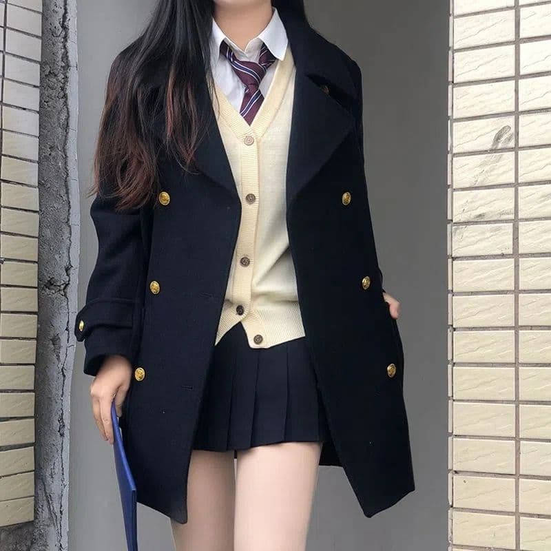 있음 뜨거운 대 버튼 360 그램 일본식 학원 스타일 모직 외투 jk 유니폼 이중 버튼 코트 상세 이미지 2