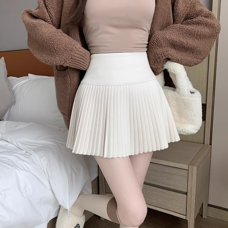 두꺼운 모직 베이지 색 모직 플리츠 스커트 여성 가을 겨울 새로운 반신 스커트 하이웨이스트 슬림해 보이는 A라인 스커트 상세 이미지 3