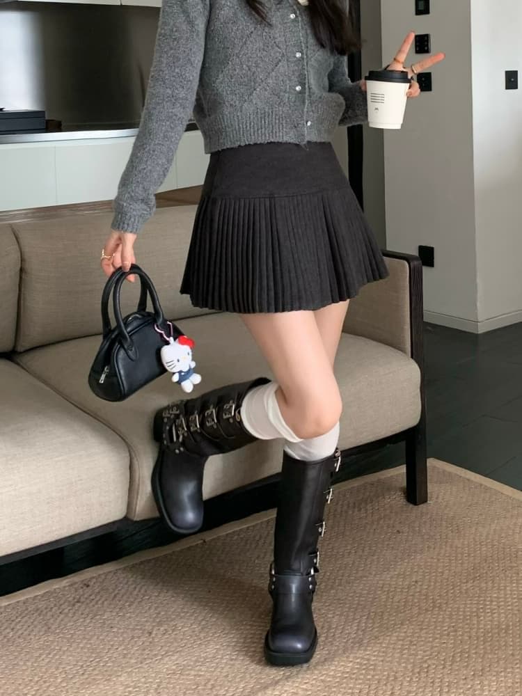 두꺼운 모직 베이지 색 모직 플리츠 스커트 여성 가을 겨울 새로운 반신 스커트 하이웨이스트 슬림해 보이는 A라인 스커트 상세 이미지 26