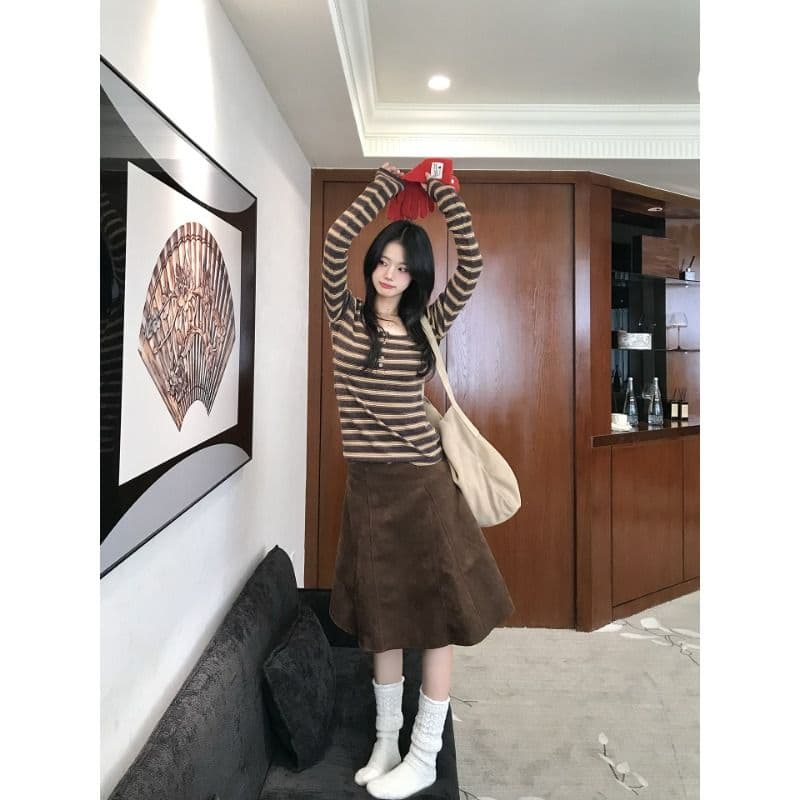 양모 원본 원단 한 부서 스트라이프 티셔츠 가을 긴팔 기본 셔츠 미니멀리즘 인사이드 착용 외부 잡아라. 의류 이미지 4