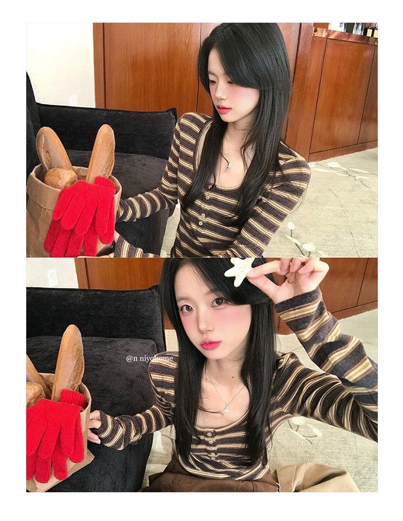 양모 원본 원단 한 부서 스트라이프 티셔츠 가을 긴팔 기본 셔츠 미니멀리즘 인사이드 착용 외부 잡아라. 의류 상세 이미지 4