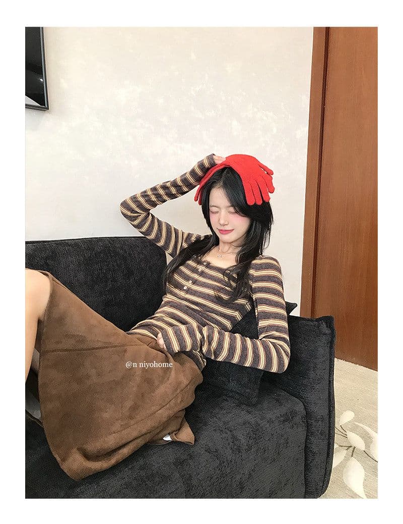 양모 원본 원단 한 부서 스트라이프 티셔츠 가을 긴팔 기본 셔츠 미니멀리즘 인사이드 착용 외부 잡아라. 의류 상세 이미지 9