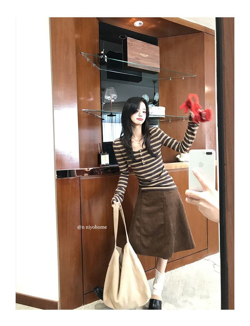 양모 원본 원단 한 부서 스트라이프 티셔츠 가을 긴팔 기본 셔츠 미니멀리즘 인사이드 착용 외부 잡아라. 의류 상세 이미지 10