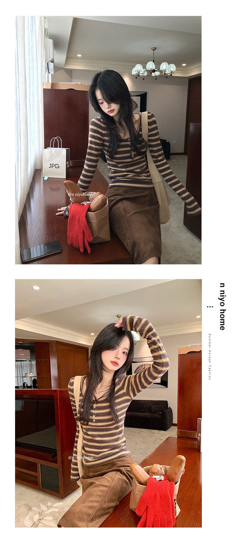양모 원본 원단 한 부서 스트라이프 티셔츠 가을 긴팔 기본 셔츠 미니멀리즘 인사이드 착용 외부 잡아라. 의류 상세 이미지 11