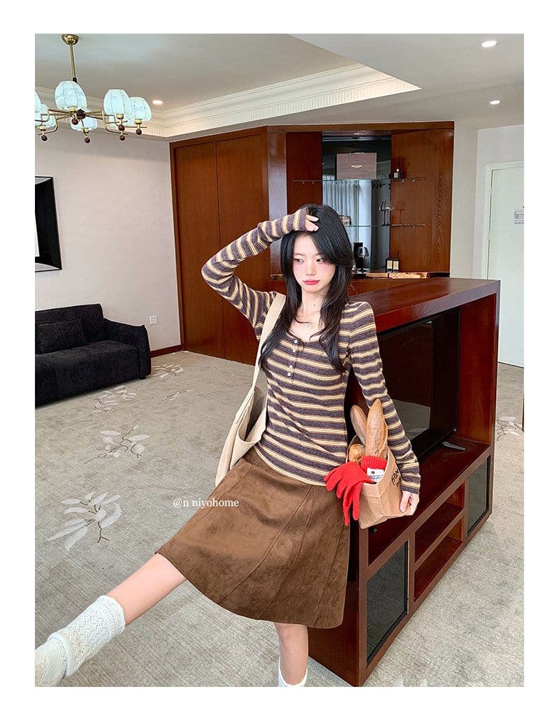 양모 원본 원단 한 부서 스트라이프 티셔츠 가을 긴팔 기본 셔츠 미니멀리즘 인사이드 착용 외부 잡아라. 의류 상세 이미지 12