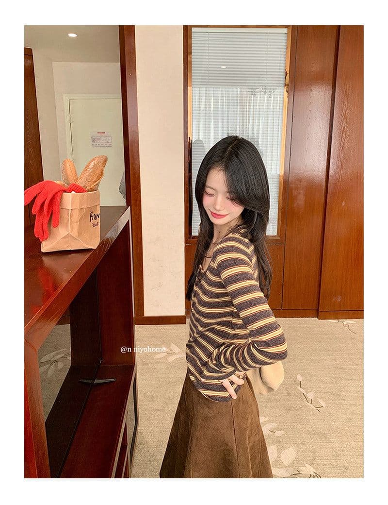 양모 원본 원단 한 부서 스트라이프 티셔츠 가을 긴팔 기본 셔츠 미니멀리즘 인사이드 착용 외부 잡아라. 의류 상세 이미지 13