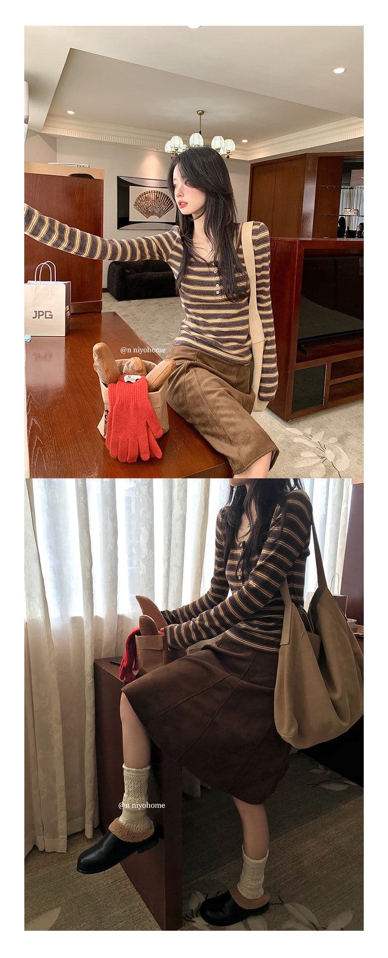 양모 원본 원단 한 부서 스트라이프 티셔츠 가을 긴팔 기본 셔츠 미니멀리즘 인사이드 착용 외부 잡아라. 의류 상세 이미지 19