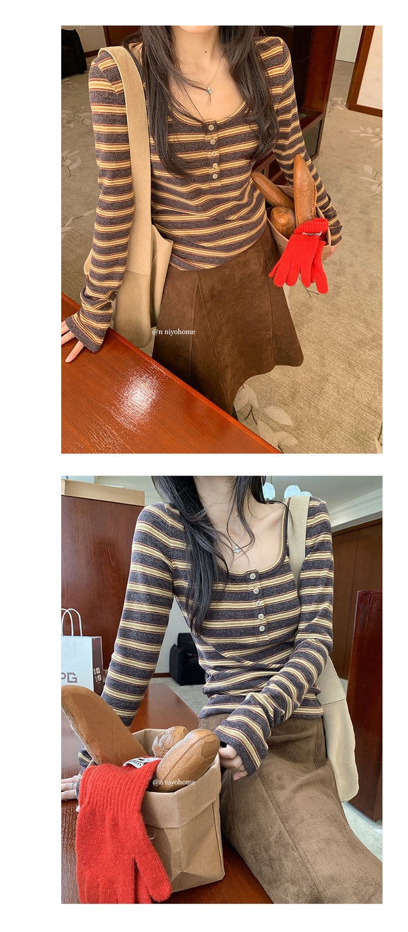 양모 원본 원단 한 부서 스트라이프 티셔츠 가을 긴팔 기본 셔츠 미니멀리즘 인사이드 착용 외부 잡아라. 의류 상세 이미지 20