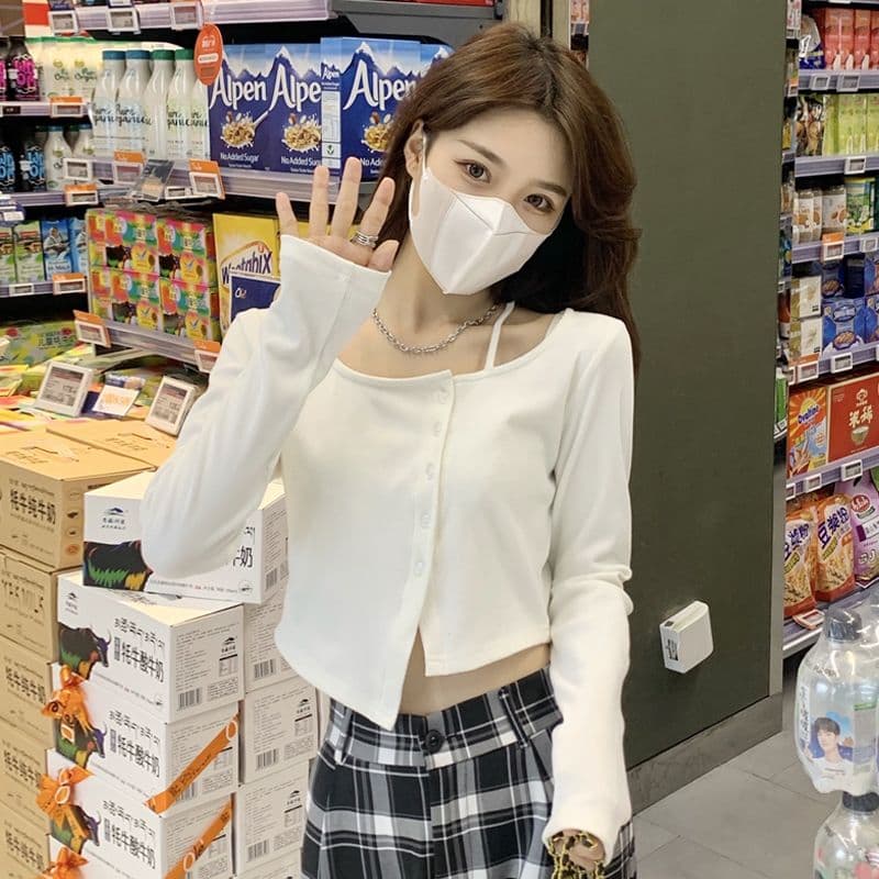 순수한 욕망 바람 핫걸 불규칙 쇼트 스타일 긴팔 티셔츠 여성 이른 가을 디자인 센스 인사이드 가져 가라. 기본 셔츠 맨위 여성 이미지 5