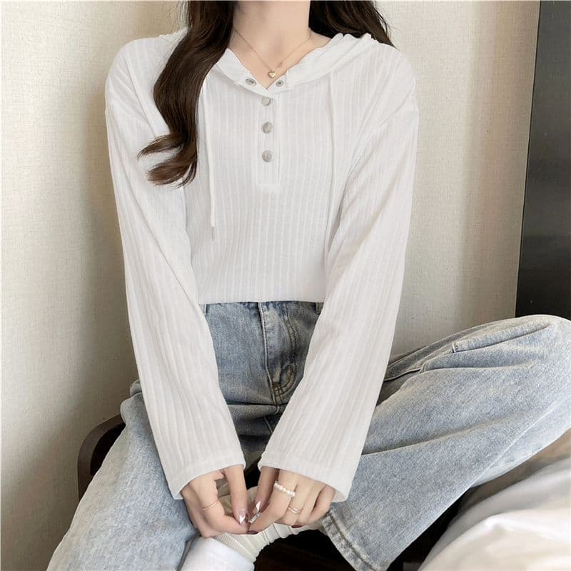 빅 사이즈 여성 의류 표지 배 느긋한 바람 루즈핏 맨위 봄 가을 지방 mm 슬림해 보이는 후드 기본 셔츠 이미지 3