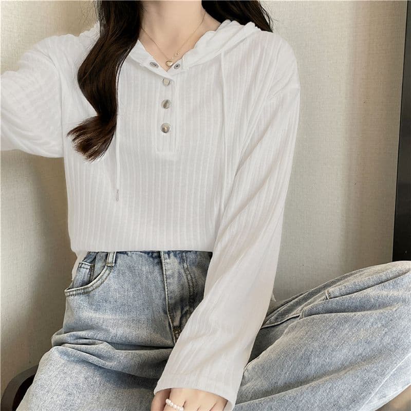 빅 사이즈 여성 의류 표지 배 느긋한 바람 루즈핏 맨위 봄 가을 지방 mm 슬림해 보이는 후드 기본 셔츠 상세 이미지 9