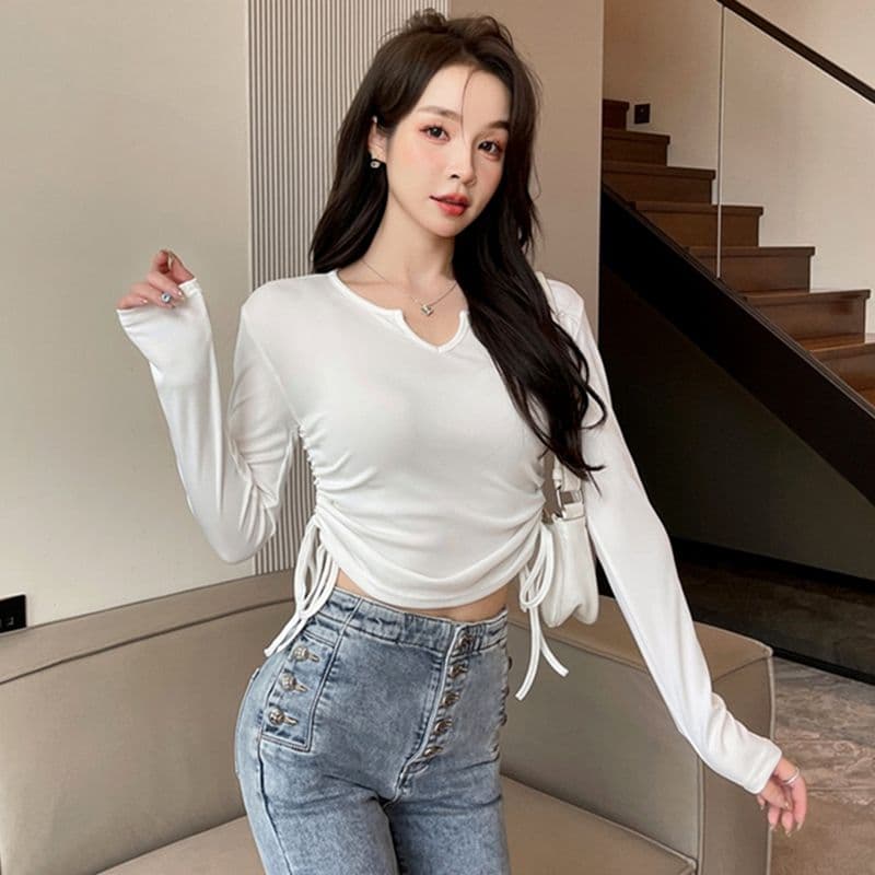 디자인 센스 작은 대중 펌프 로프 V넥 긍정적 인 어깨 티셔츠 여성 가을 겨울철 표지 배 슬림해 보이는 긴팔 맨위 이미지 3