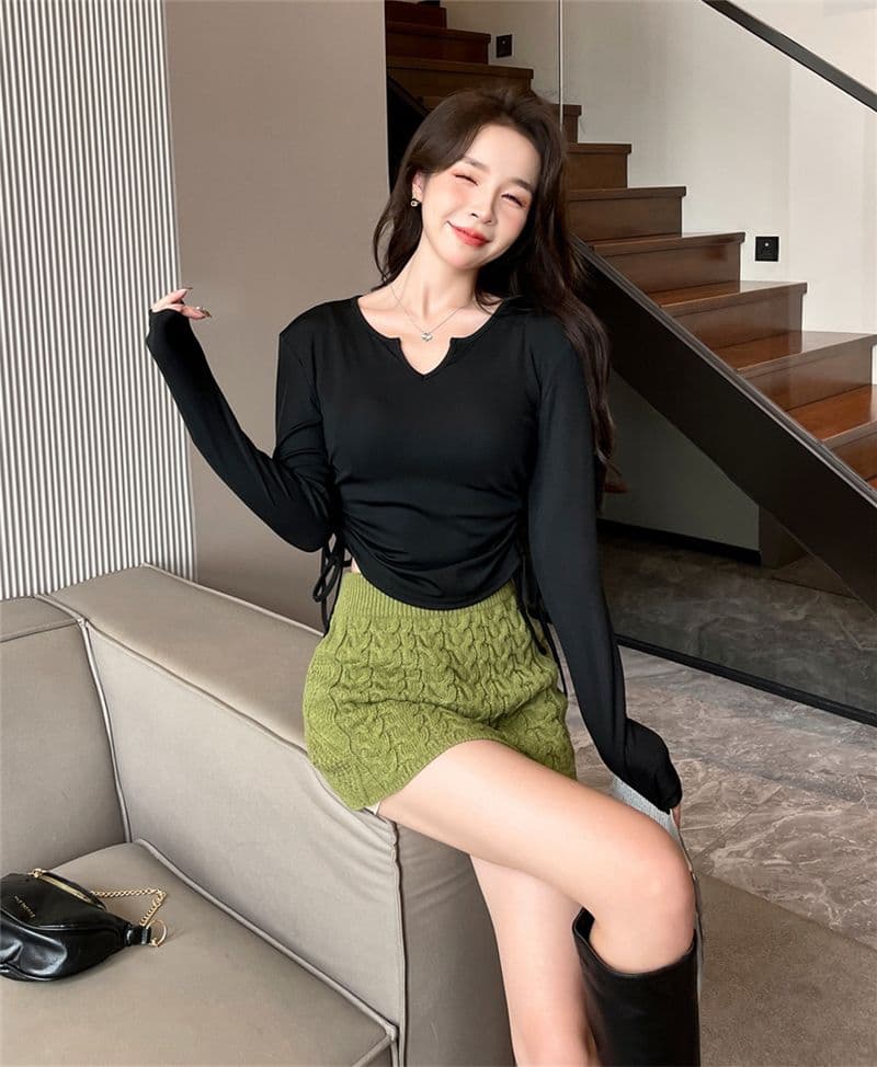 디자인 센스 작은 대중 펌프 로프 V넥 긍정적 인 어깨 티셔츠 여성 가을 겨울철 표지 배 슬림해 보이는 긴팔 맨위 상세 이미지 4