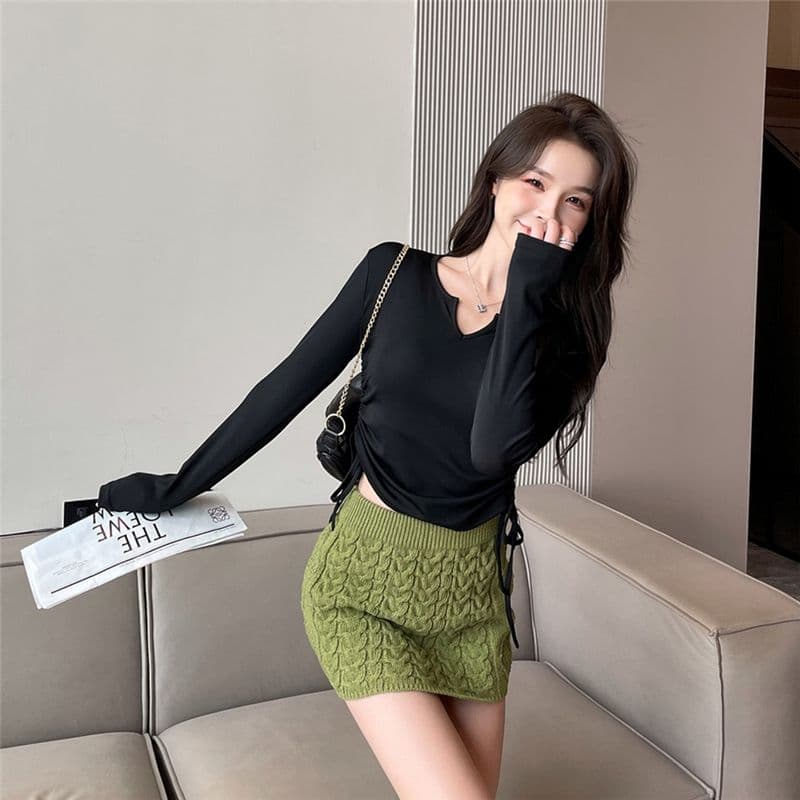 디자인 센스 작은 대중 펌프 로프 V넥 긍정적 인 어깨 티셔츠 여성 가을 겨울철 표지 배 슬림해 보이는 긴팔 맨위 상세 이미지 6