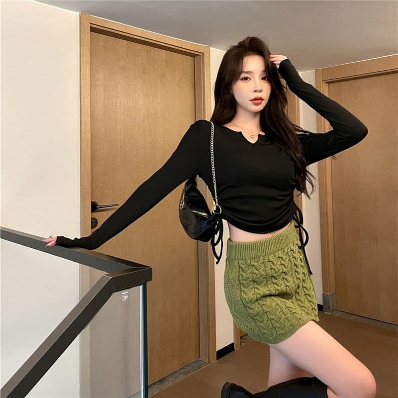 디자인 센스 작은 대중 펌프 로프 V넥 긍정적 인 어깨 티셔츠 여성 가을 겨울철 표지 배 슬림해 보이는 긴팔 맨위 상세 이미지 9