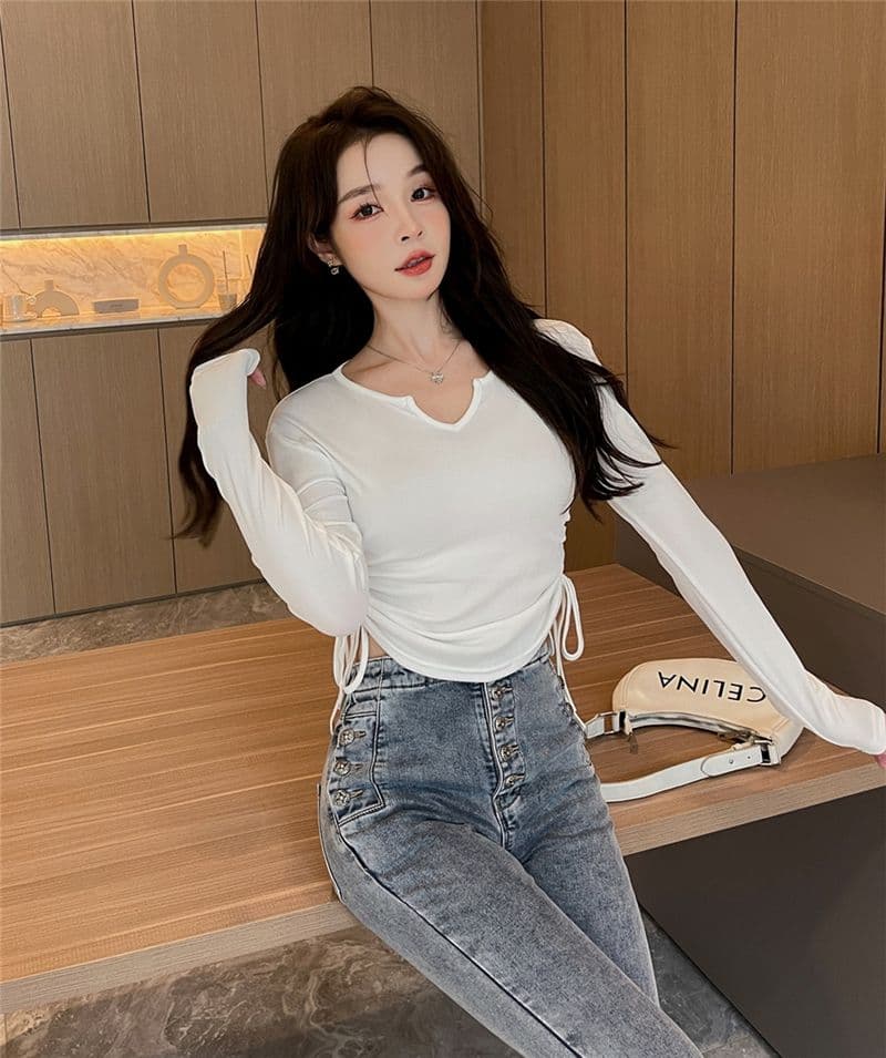 디자인 센스 작은 대중 펌프 로프 V넥 긍정적 인 어깨 티셔츠 여성 가을 겨울철 표지 배 슬림해 보이는 긴팔 맨위 상세 이미지 15