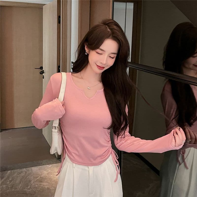 디자인 센스 작은 대중 펌프 로프 V넥 긍정적 인 어깨 티셔츠 여성 가을 겨울철 표지 배 슬림해 보이는 긴팔 맨위 상세 이미지 16
