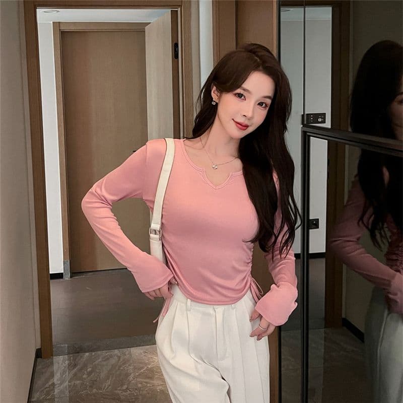 디자인 센스 작은 대중 펌프 로프 V넥 긍정적 인 어깨 티셔츠 여성 가을 겨울철 표지 배 슬림해 보이는 긴팔 맨위 상세 이미지 17
