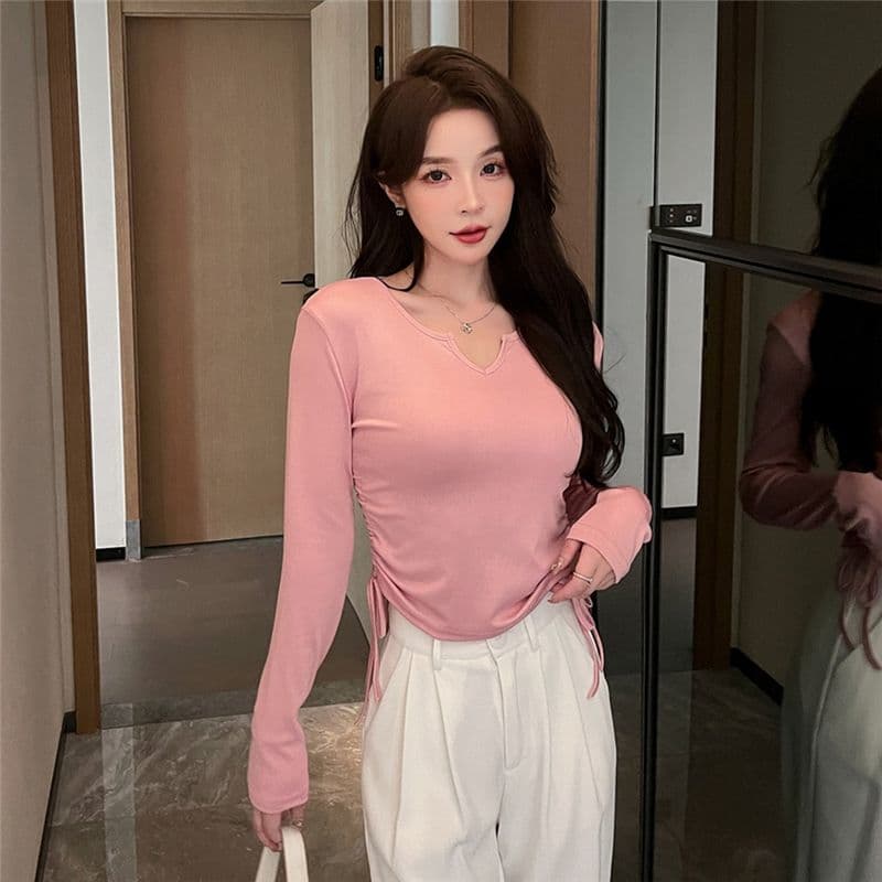 디자인 센스 작은 대중 펌프 로프 V넥 긍정적 인 어깨 티셔츠 여성 가을 겨울철 표지 배 슬림해 보이는 긴팔 맨위 상세 이미지 18