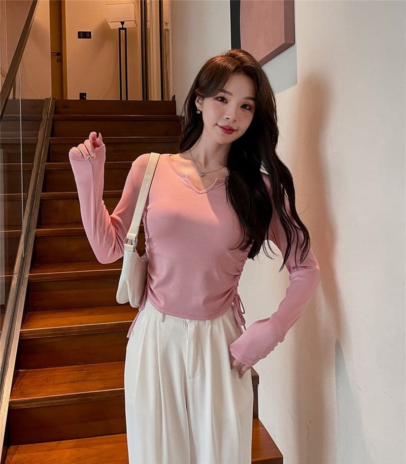디자인 센스 작은 대중 펌프 로프 V넥 긍정적 인 어깨 티셔츠 여성 가을 겨울철 표지 배 슬림해 보이는 긴팔 맨위 상세 이미지 21
