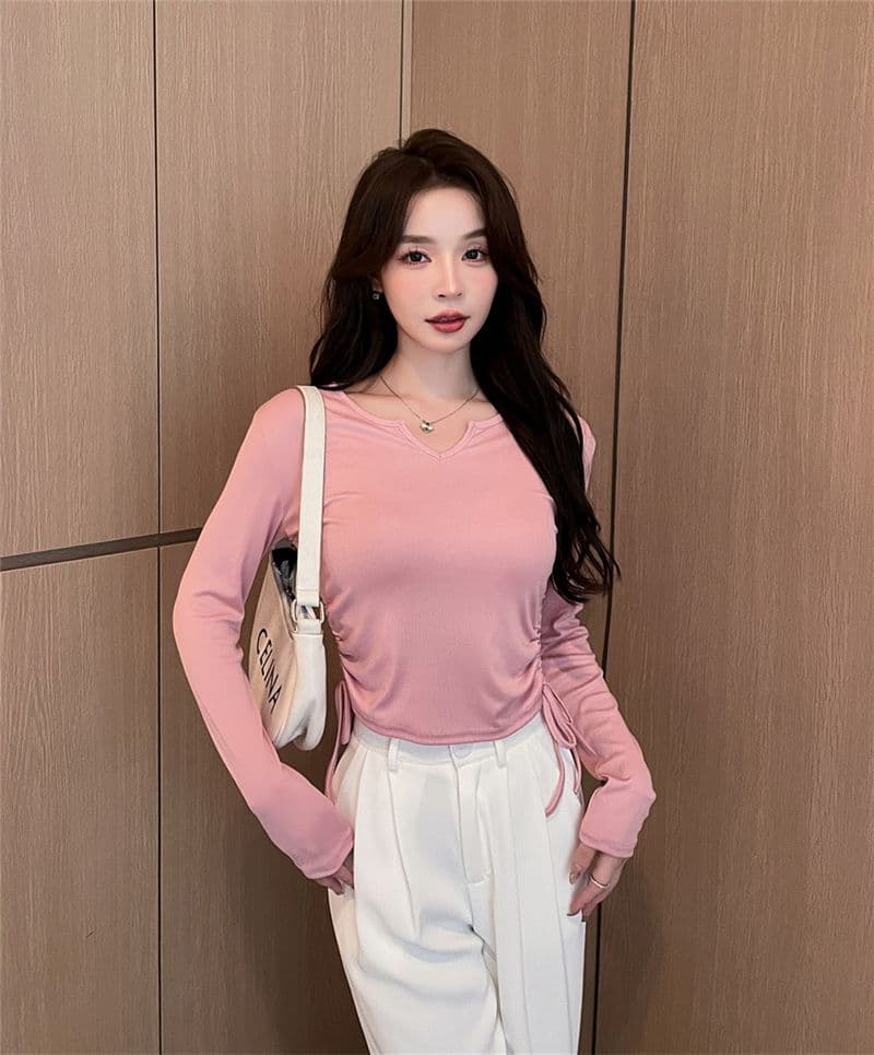디자인 센스 작은 대중 펌프 로프 V넥 긍정적 인 어깨 티셔츠 여성 가을 겨울철 표지 배 슬림해 보이는 긴팔 맨위 상세 이미지 24