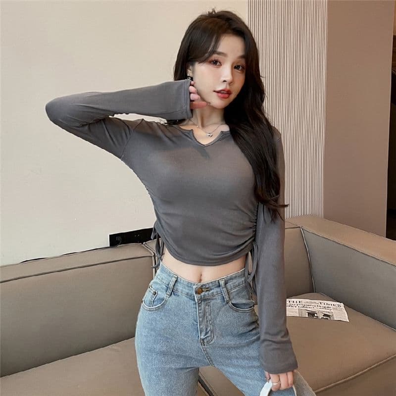 디자인 센스 작은 대중 펌프 로프 V넥 긍정적 인 어깨 티셔츠 여성 가을 겨울철 표지 배 슬림해 보이는 긴팔 맨위 상세 이미지 31