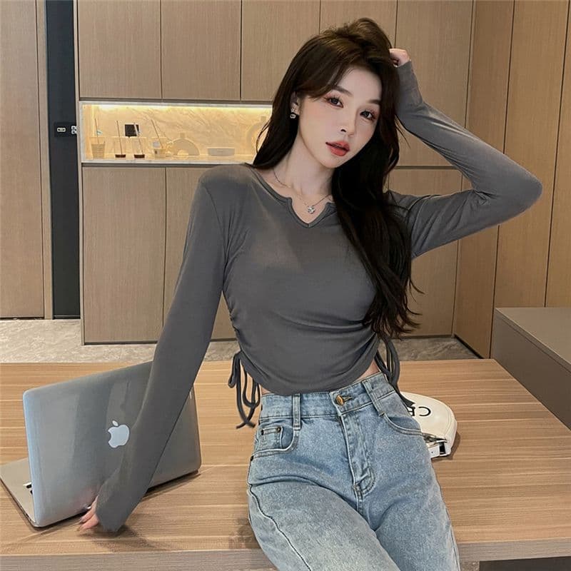 디자인 센스 작은 대중 펌프 로프 V넥 긍정적 인 어깨 티셔츠 여성 가을 겨울철 표지 배 슬림해 보이는 긴팔 맨위 상세 이미지 32