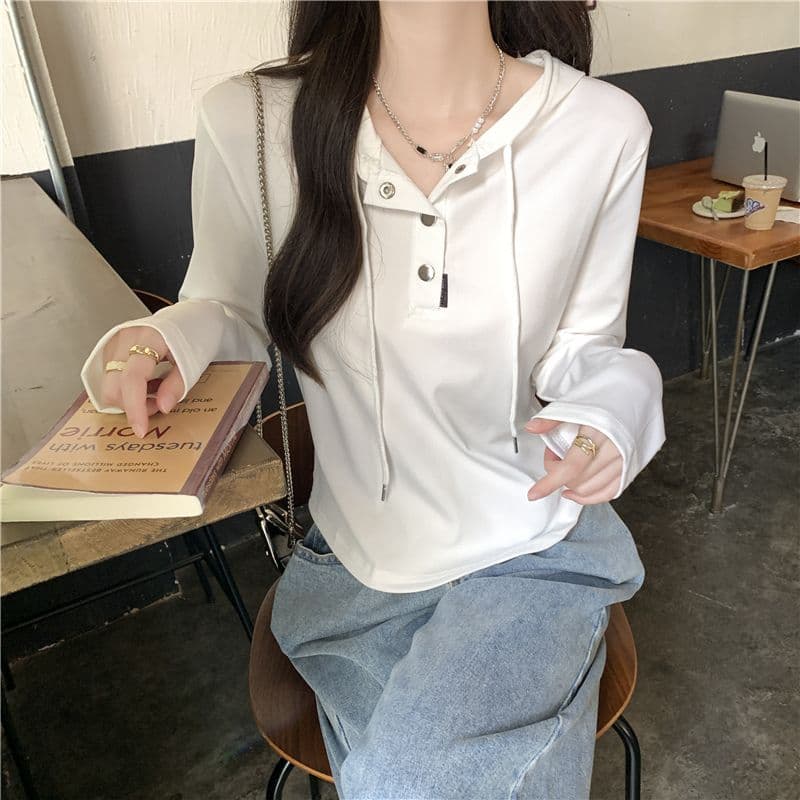 삼색 가을 겨울철 새로운 여성 의류 고유 한 Chic 패션 개성 후드 풀오버 기본 셔츠 맨위 상세 이미지 7