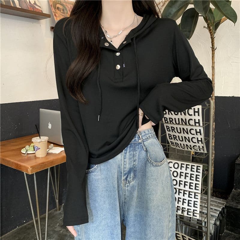 삼색 가을 겨울철 새로운 여성 의류 고유 한 Chic 패션 개성 후드 풀오버 기본 셔츠 맨위 상세 이미지 9