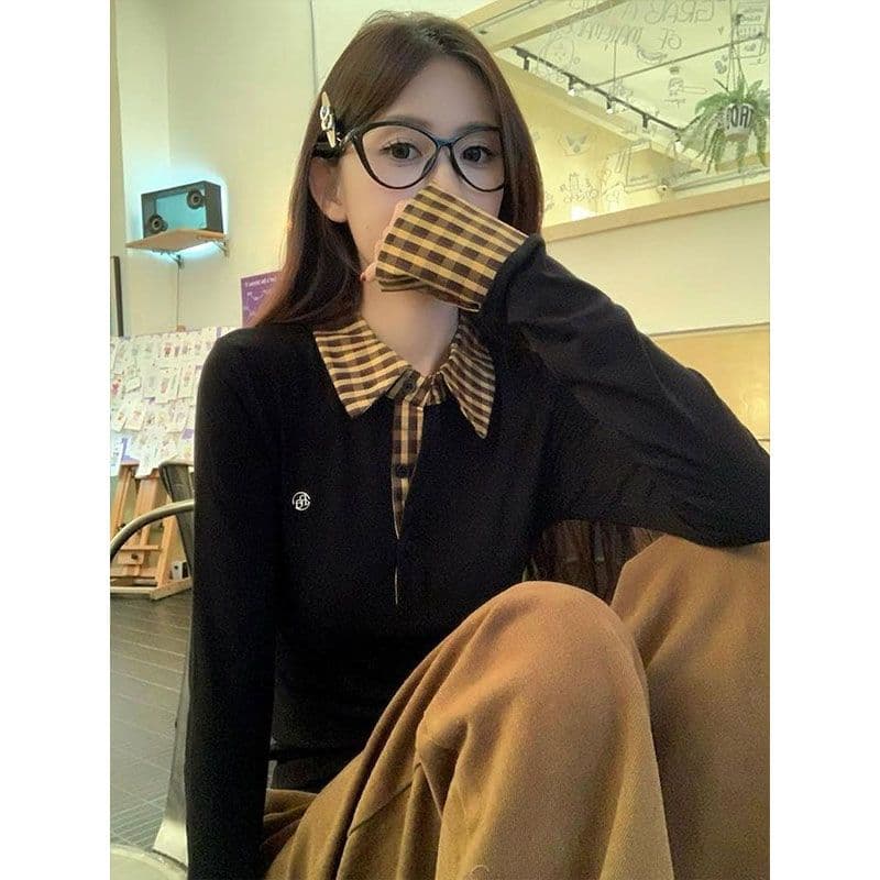 체크무늬 페이크 레이어드 긍정적 인 어깨 긴팔 티셔츠 여성 가을 몸매 가꾸기 POLO 칼라 핫걸 맨위