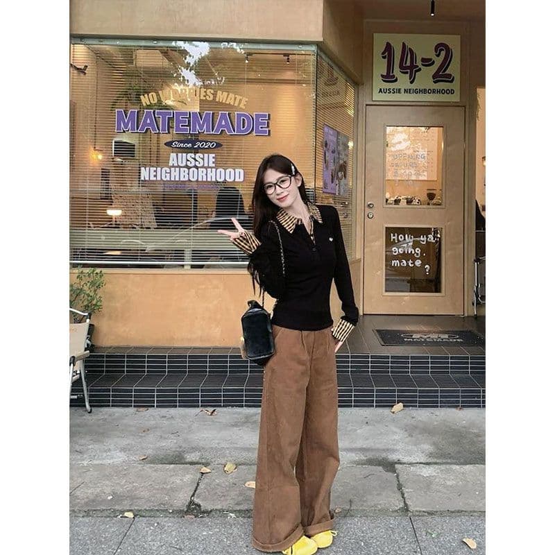 체크무늬 페이크 레이어드 긍정적 인 어깨 긴팔 티셔츠 여성 가을 몸매 가꾸기 POLO 칼라 핫걸 맨위 이미지 4