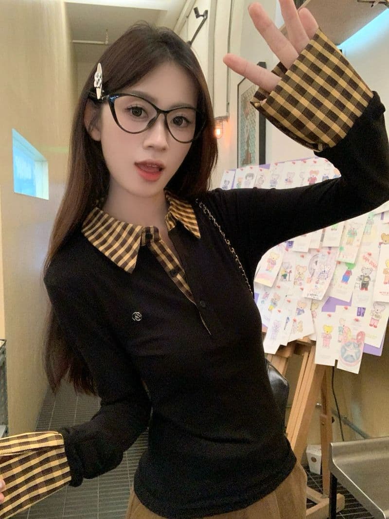 체크무늬 페이크 레이어드 긍정적 인 어깨 긴팔 티셔츠 여성 가을 몸매 가꾸기 POLO 칼라 핫걸 맨위 상세 이미지 2