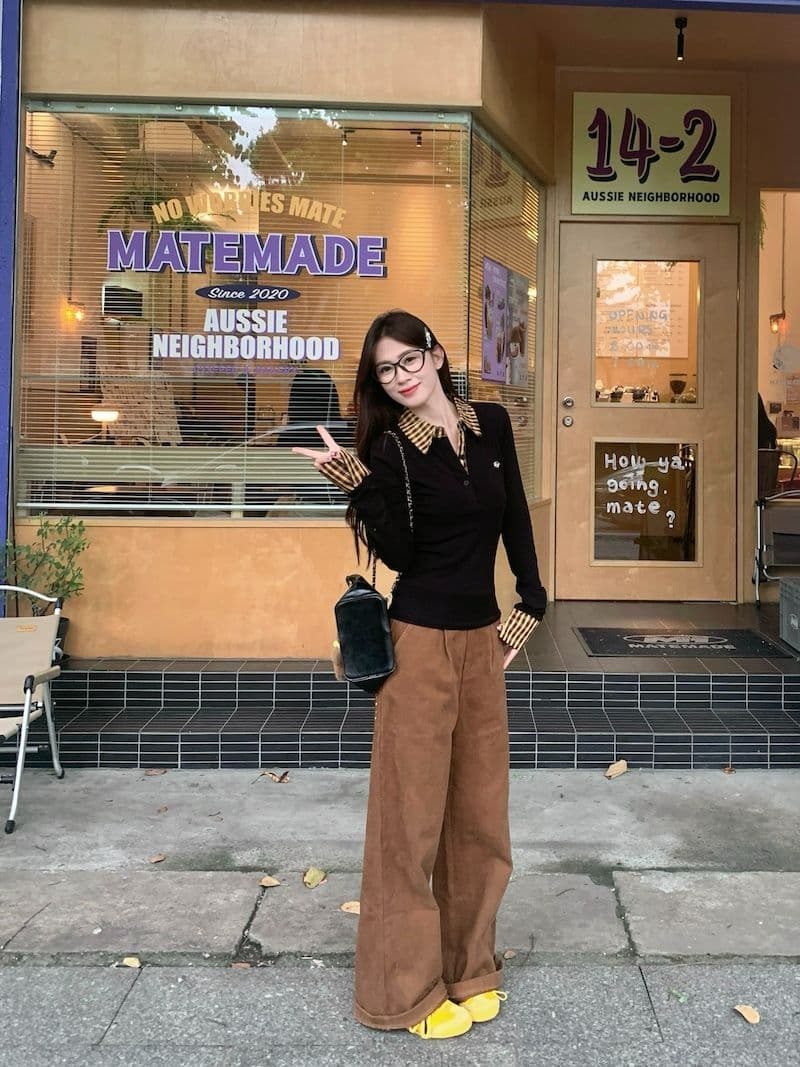 체크무늬 페이크 레이어드 긍정적 인 어깨 긴팔 티셔츠 여성 가을 몸매 가꾸기 POLO 칼라 핫걸 맨위 상세 이미지 3