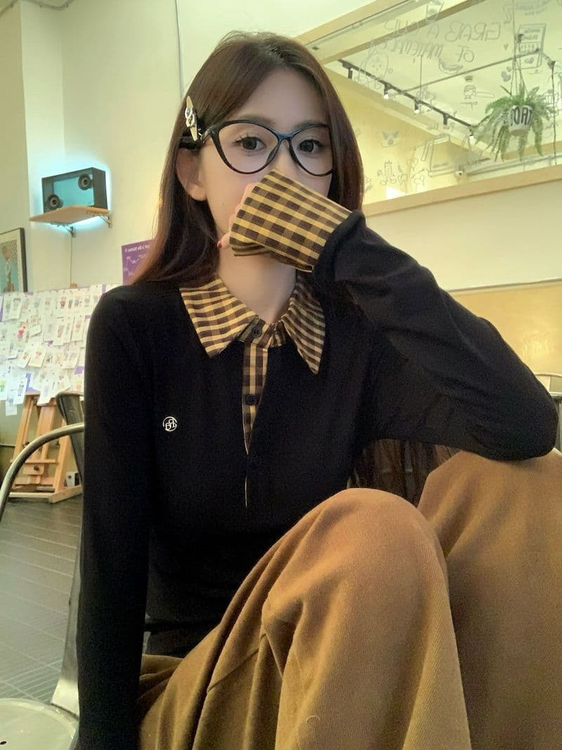 체크무늬 페이크 레이어드 긍정적 인 어깨 긴팔 티셔츠 여성 가을 몸매 가꾸기 POLO 칼라 핫걸 맨위 상세 이미지 4