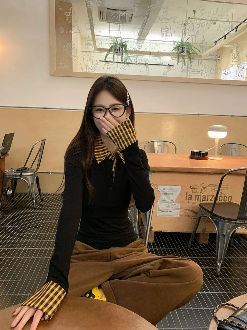체크무늬 페이크 레이어드 긍정적 인 어깨 긴팔 티셔츠 여성 가을 몸매 가꾸기 POLO 칼라 핫걸 맨위 상세 이미지 5