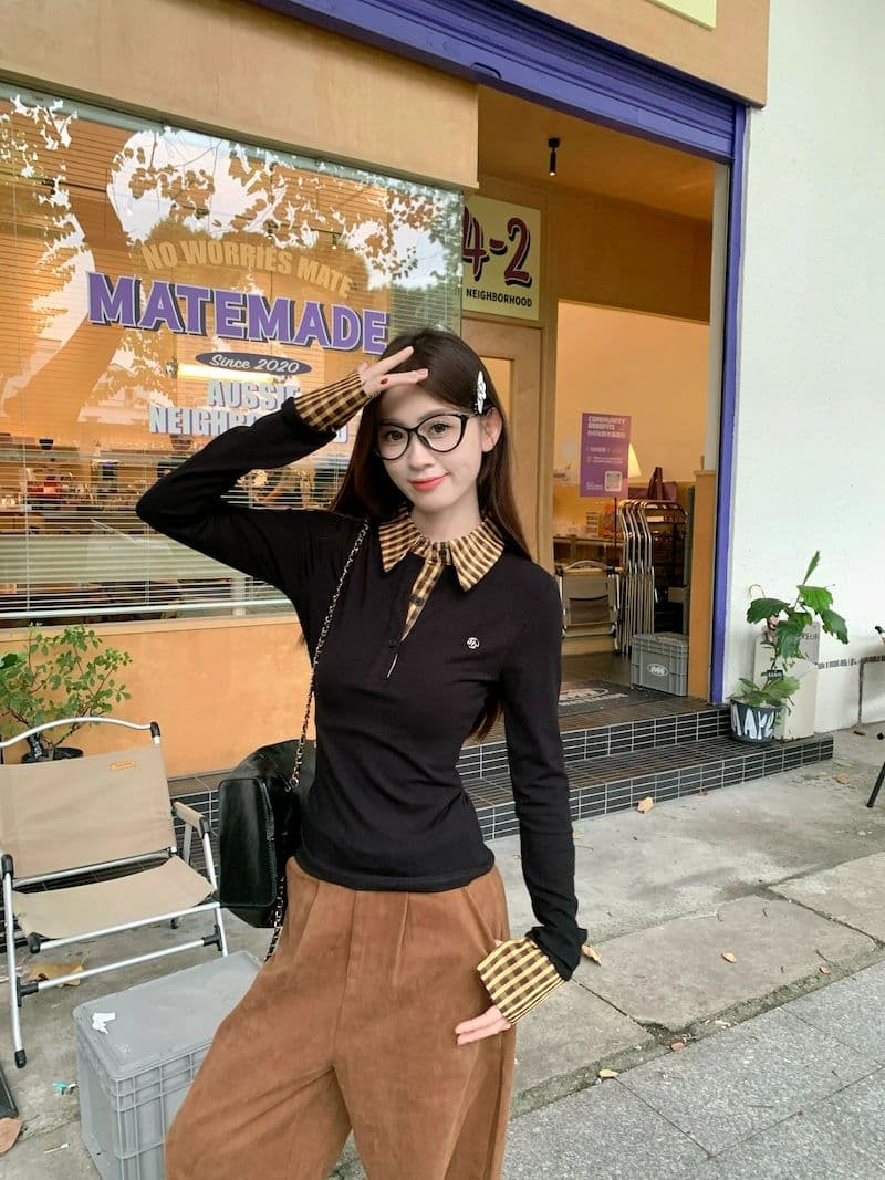 체크무늬 페이크 레이어드 긍정적 인 어깨 긴팔 티셔츠 여성 가을 몸매 가꾸기 POLO 칼라 핫걸 맨위 상세 이미지 9